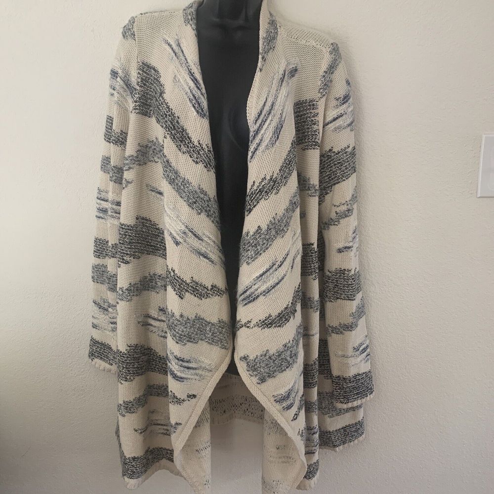 Lucky Brand Cardigan Sweater Size L Long Sleeve Ivory Blue Open Front Waterfall